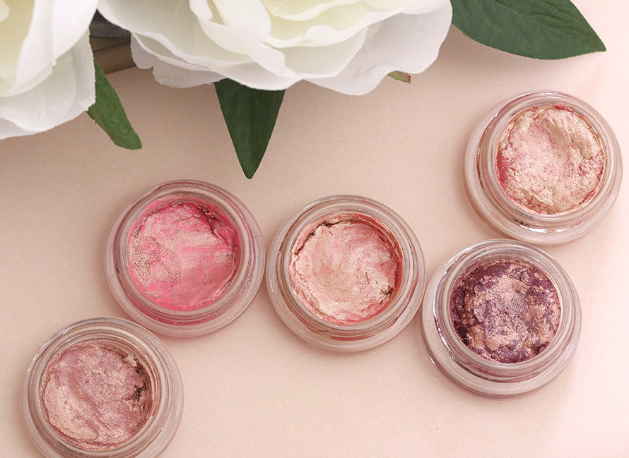 BECCA Beach Tint Shimmer Souffles from the left: Fig/Opal, Lychee/Opal, Guava/Moonstone, Raspberry/Opal and Watermelon/Moonstone