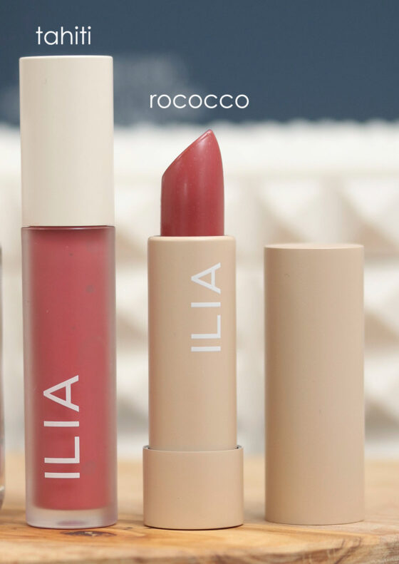 Ilia Lipstick in Rococco and Lip Oil in Tahiti